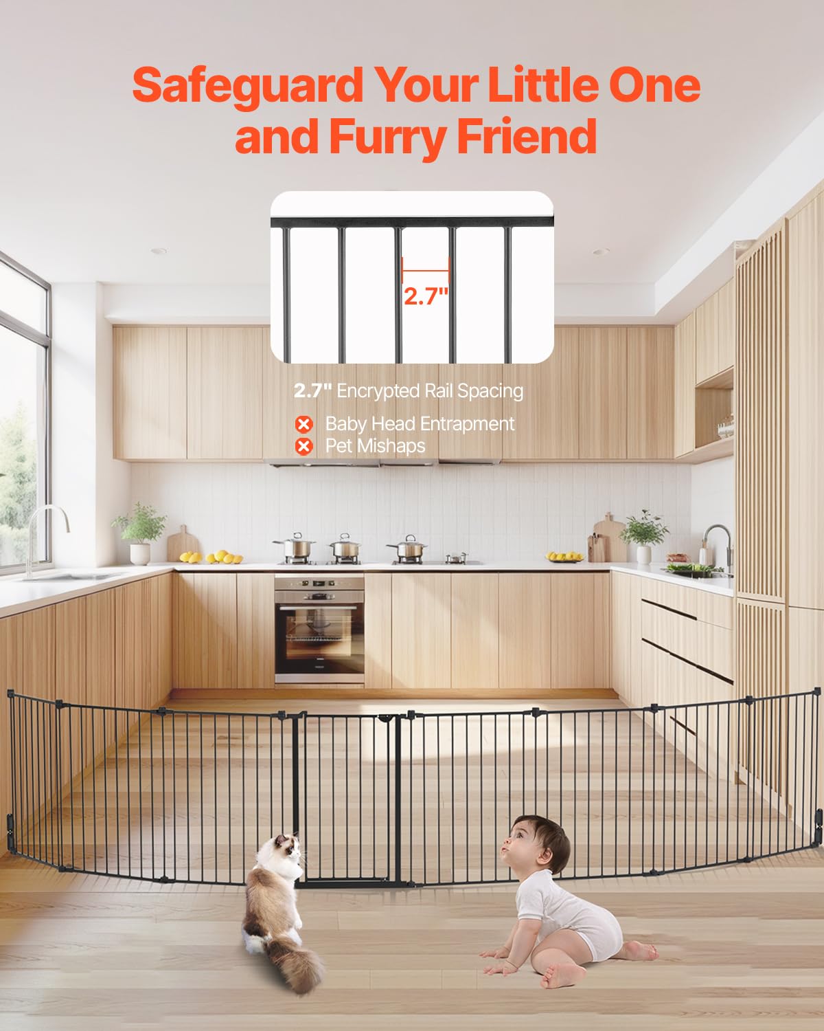 VEVOR Baby Gate, 192 Inches Extra Wide, 28 Inches High 8-Panel Foldable Dog Gate, for Child Pet Security, One-Hand Open, Install